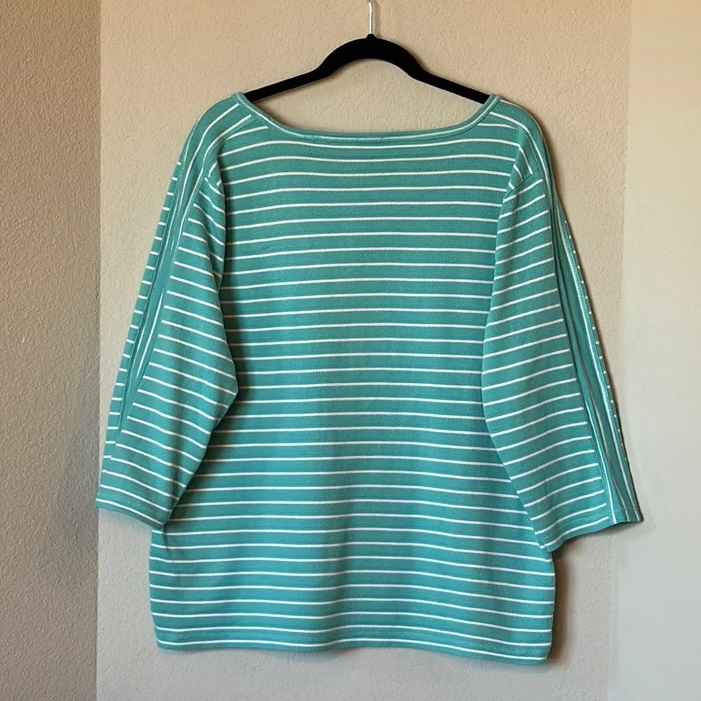 T by Talbots Size 3X Turquoise and White Striped 3/4 Sleeve Tee - Picture 2 of 7
